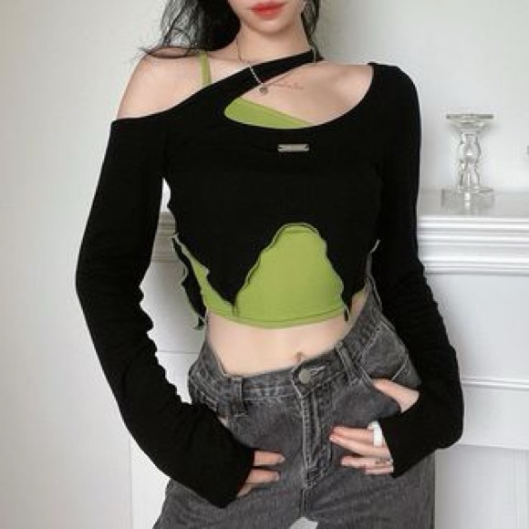 Tops - Mock Two Piece Asymmetric Cut-Out Long Sleeve Crop Top
